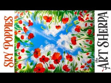 Easy How to paint with Acrylic on Canvas Sky View Poppies Step by step