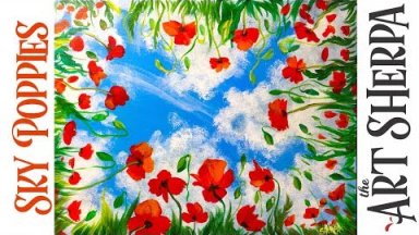 Easy How to paint with Acrylic on Canvas Sky View Poppies Step by step