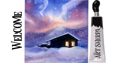 Easy Painting in acrylic Aurora Borealis winter Cabin in snow