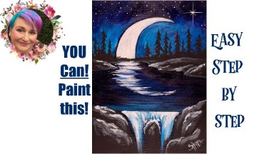 Moon and Waterfall at night Easy Painting in acrylic Live Streaming