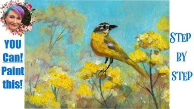 Yellow Bird in Flowers step by step  Painting in acrylic Live Streaming