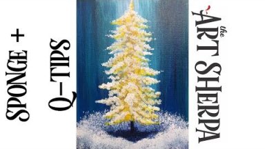 Cotton Swab Painting Technique Golden Pine Tree EASY  Acrylic tutorial #LoveWinterArt2017