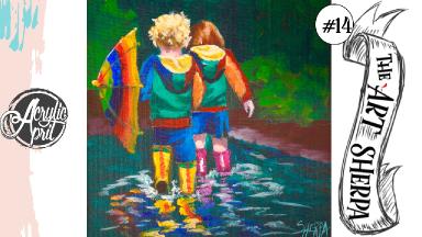Colorful kids in the rain easy loose step by step Acrylic April day #14