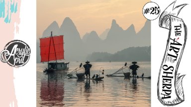 Traditional bamboo boats at sunrise loose step by step Acrylic April day #25