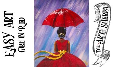 Easy Girl in the Rain with Red dress  acrylic painting tutorial for beginners