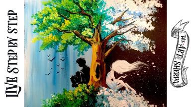 LIVE STREAM  Day and Night Tree Easy acrylic Painting Step by step  For Beginners