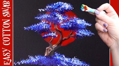 Rising Sun Bonsai Tree Q Tip Acrylic Painting for Beginners tutorial 🌳🔴