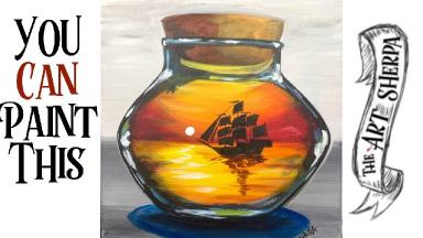 Pirate ship Sunset in a Bottle ⛵️ 🌅 Easy Acrylic painting Live Stream