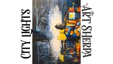 City Lights at night  umbrella girl Acrylic painting on canvas beginner Tutorial