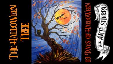 Spooky Tree Holding the Moon Easy Acrylic painting step by step #13 Days of Halloween