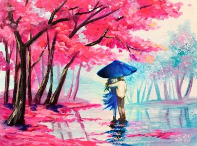 Lovers Walk Cherry Trees Easy Acrylic painting tutorial step by step Live Streaming