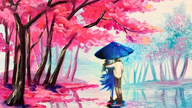 Lovers Walk Cherry Trees Easy Acrylic painting tutorial step by step Live Streaming