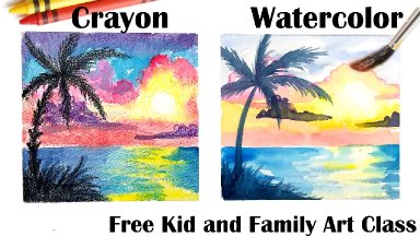 Family friendly Crayons and Watercolor How to paint EASY Tropical sunset