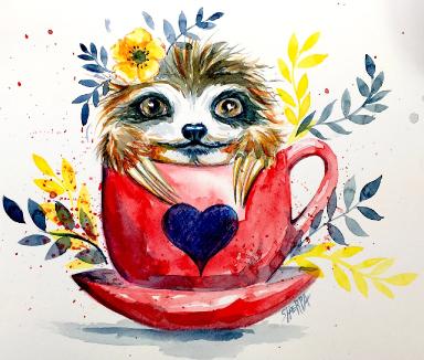 Free Family Friendly Watercolor of Sloffee A cute Baby sloth in Coffee  