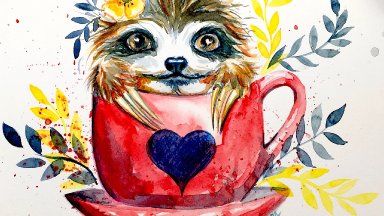 Free Family Friendly Watercolor of Sloffee A cute Baby sloth in Coffee  