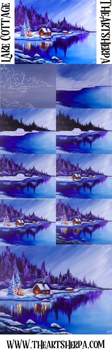 Winter Landscape with glowing lake Reflections Acrylic painting Tutorial | TheArtSherpa