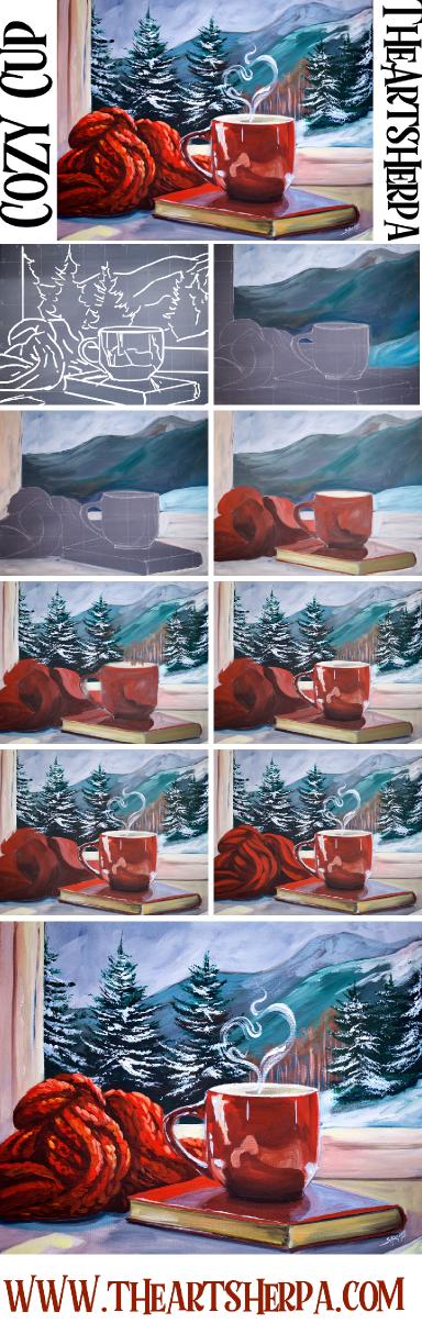 How to Paint Book Red coffee Cup Snowscape Window Fantasy | acrylic tutorial | TheArtSherpa