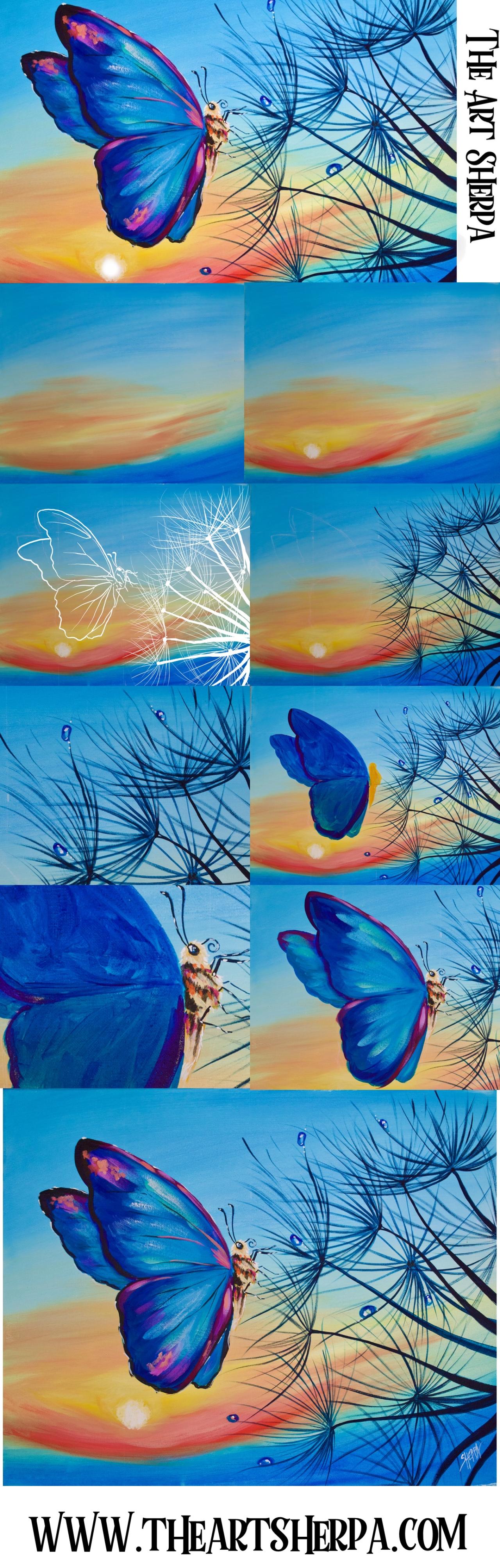 Healing Easy Butterfly Sunrise And Dandylion Acrylic Painting