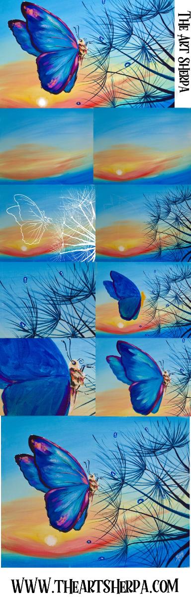 Healing Easy butterfly sunrise and Dandylion Acrylic painting tutorial  | TheArtSherpa
