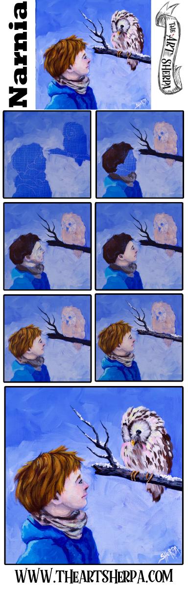 Boy and owl Talking in Snow Acrylic Painting Tutorial Narnia inspired | TheArtSherpa