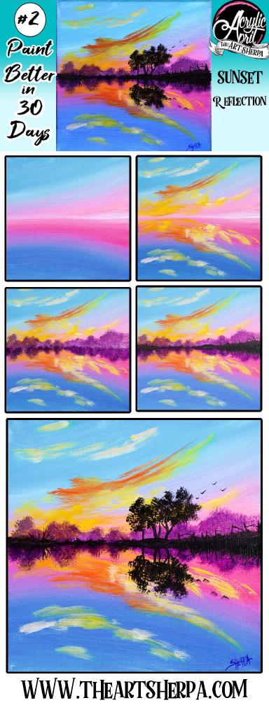 Easy Reflected Sunset on Water Daily Painting Step by step Day 2 #AcrylicApril2021​ | TheArtSherpa