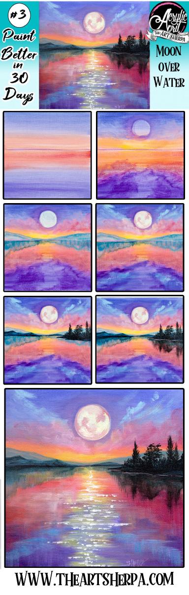 Easy Moonlight Lake Daily Painting Step by step Day 3 #AcrylicApril2021​ | TheArtSherpa