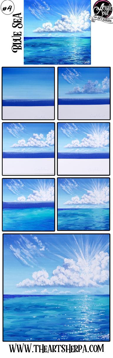 Easy How to paint clouds over ocean Step by step Tutorial Day 4  #AcrylicApril2021​​ | TheArtSherpa