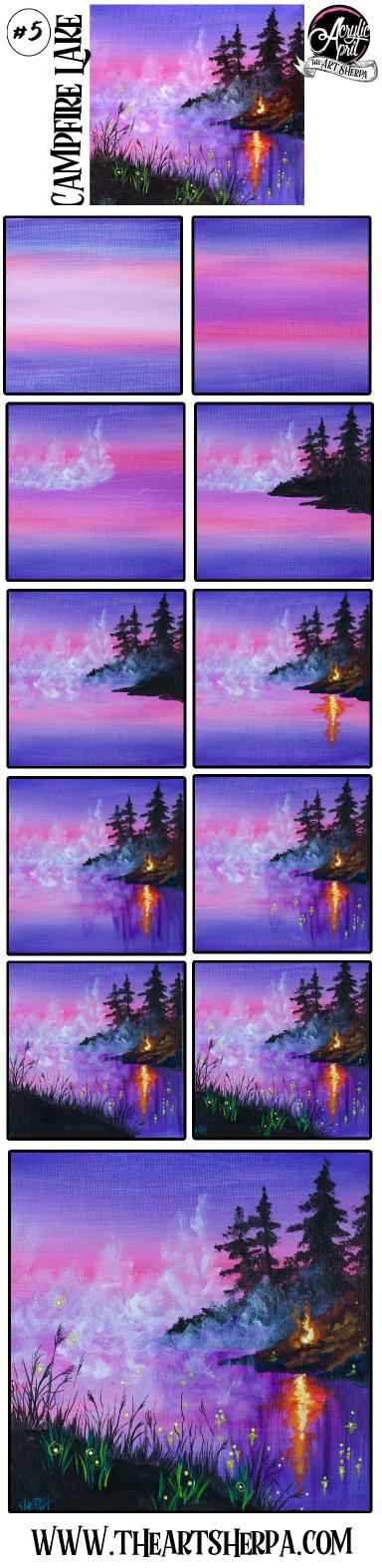 Easy Lake and Campfire  Step by step Acrylic Tutorial Day  #5 AcrylicApril2021​​ | TheArtSherpa