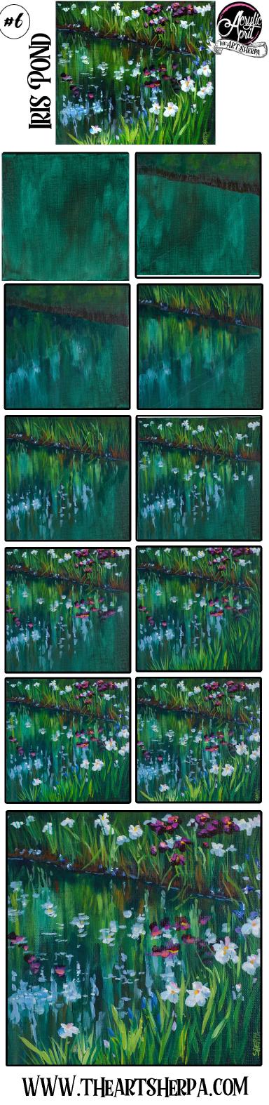 Easy Iris Flowers in a Pond Step by step Acrylic Tutorial Day  #6 AcrylicApril2021​​ | TheArtSherpa