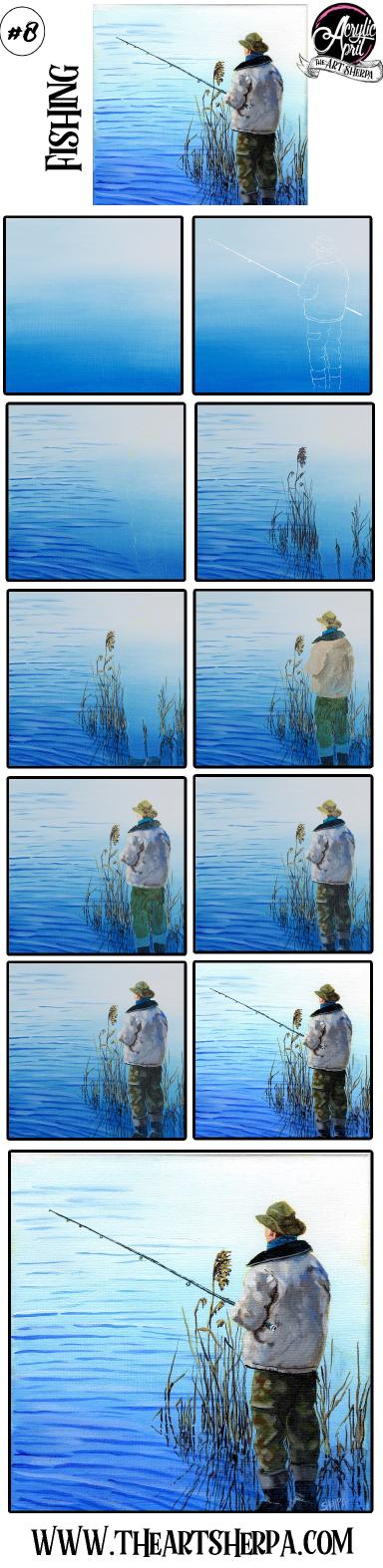 Easy Man fishing at a lake Step by step Acrylic Tutorial Day8  #AcrylicApril2021​​ | TheArtSherpa