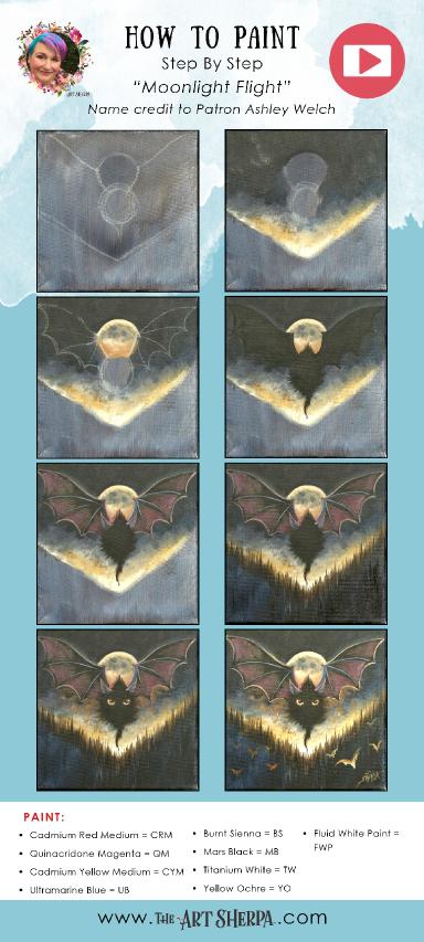 Bats and Moon Fantasy  ‍♀️ 13 Days of Halloween  Acrylic painting Tutorial Step by Step